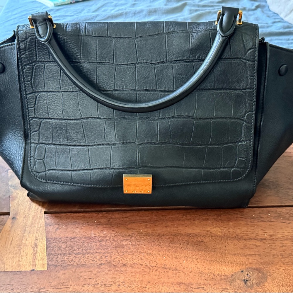 Celine Trapeze Black Croc-Embossed Shoulder Bag